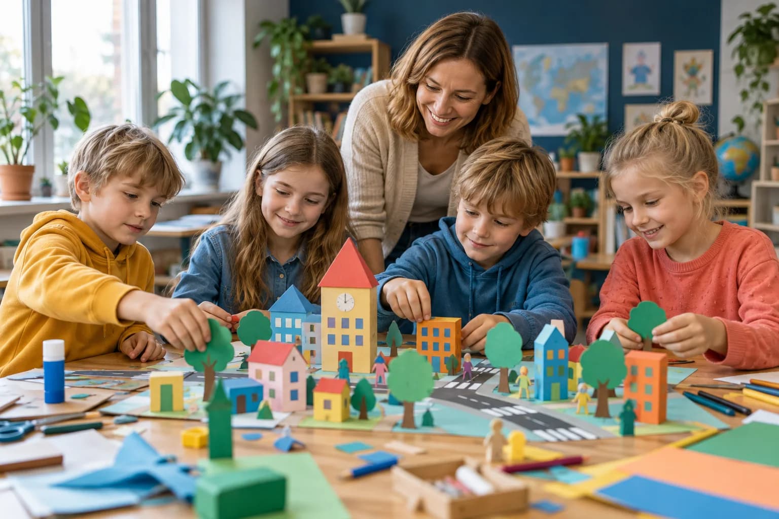 Dzieci i edukatorka podczas wspólnego warsztatu kreatywnego
